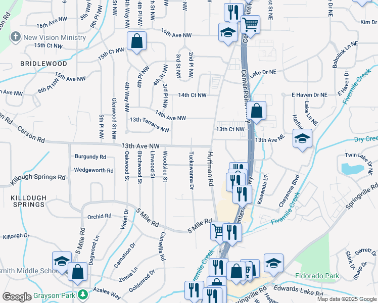 map of restaurants, bars, coffee shops, grocery stores, and more near 105 13th Avenue Northwest in Birmingham