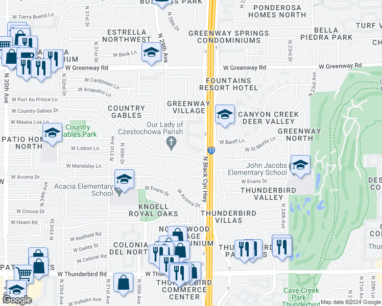 map of restaurants, bars, coffee shops, grocery stores, and more near 2740 West Country Gables Drive in Phoenix