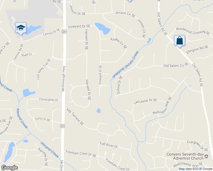 map of restaurants, bars, coffee shops, grocery stores, and more near 1299 Sweet Shrub Lane Southeast in Conyers