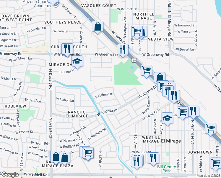 map of restaurants, bars, coffee shops, grocery stores, and more near 12515 West Mauna Loa Lane in El Mirage