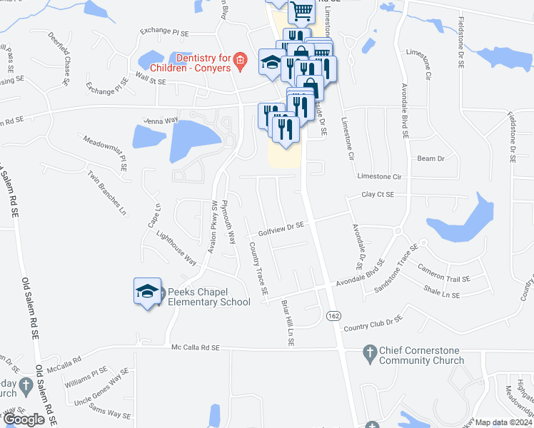 map of restaurants, bars, coffee shops, grocery stores, and more near 2603 Fieldstone View Lane Southeast in Conyers