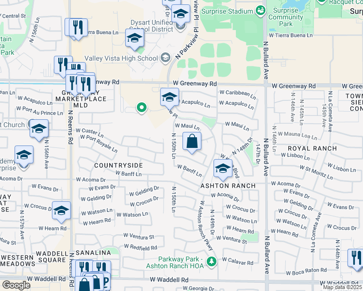 map of restaurants, bars, coffee shops, grocery stores, and more near 14910 North 150th Avenue in Surprise
