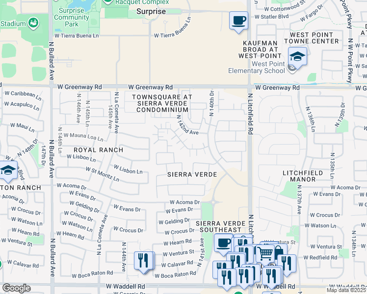 map of restaurants, bars, coffee shops, grocery stores, and more near 1415 West Country Gables Drive in Surprise