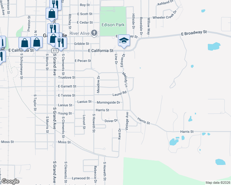 map of restaurants, bars, coffee shops, grocery stores, and more near 1719 Laurel Road in Gainesville