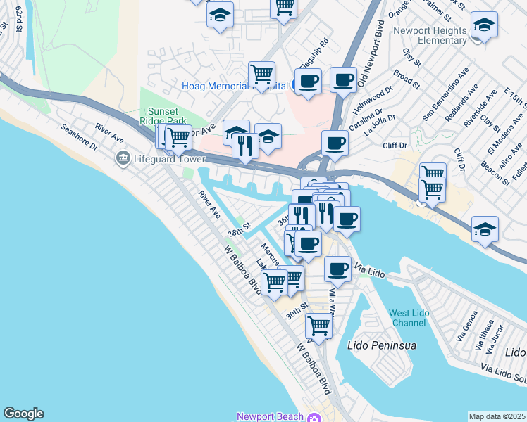 map of restaurants, bars, coffee shops, grocery stores, and more near 505 38th Street in Newport Beach