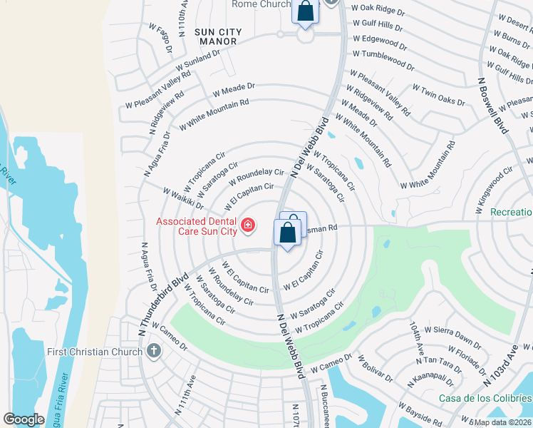 map of restaurants, bars, coffee shops, grocery stores, and more near 14820 North Del Webb Boulevard in Sun City
