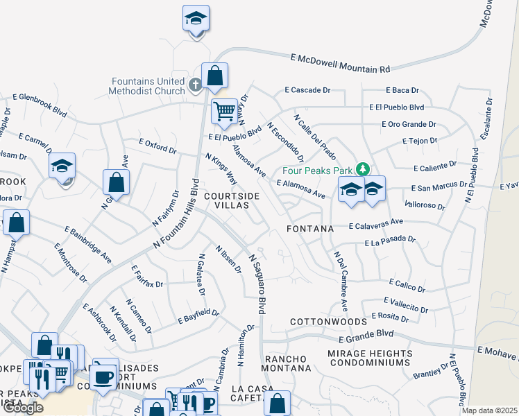 map of restaurants, bars, coffee shops, grocery stores, and more near 14631 North Kings Way in Fountain Hills