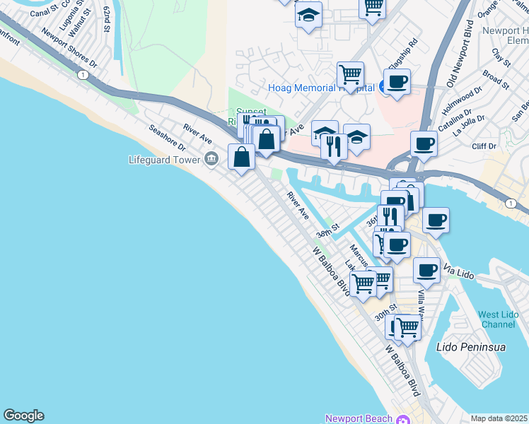 map of restaurants, bars, coffee shops, grocery stores, and more near 4212 Seashore Drive in Newport Beach