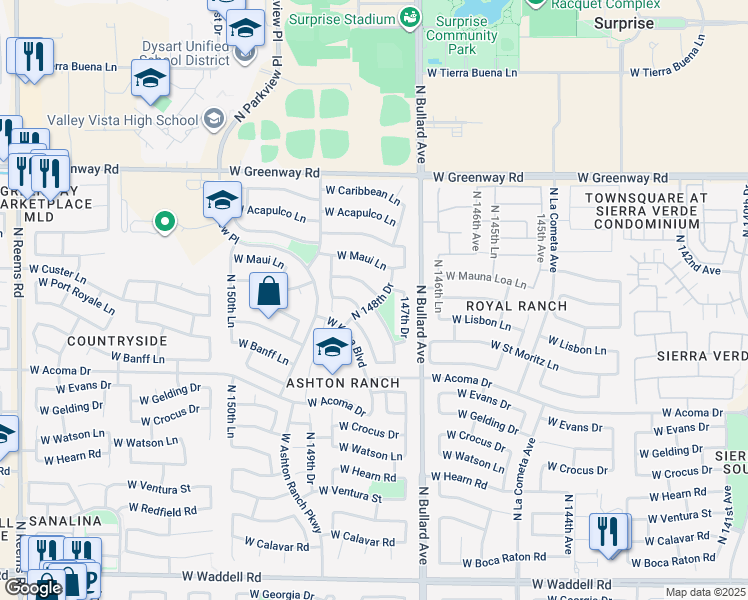 map of restaurants, bars, coffee shops, grocery stores, and more near 14801 West Country Gables Drive in Surprise