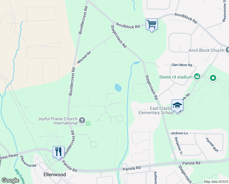 map of restaurants, bars, coffee shops, grocery stores, and more near 3368 Bonnes Court in Ellenwood