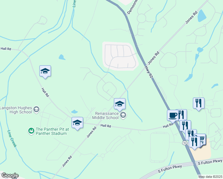 map of restaurants, bars, coffee shops, grocery stores, and more near 510 Shire Lane in Fairburn