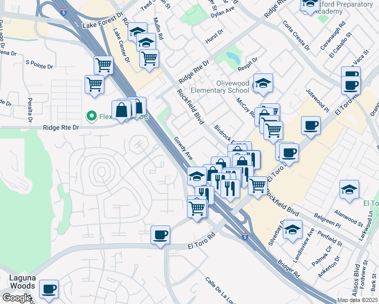 map of restaurants, bars, coffee shops, grocery stores, and more near 23602 Duryea Drive in Lake Forest
