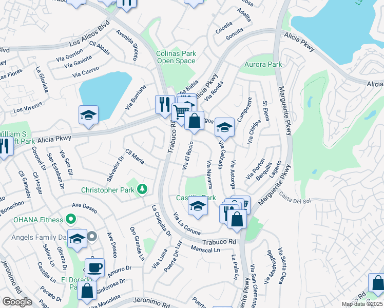 map of restaurants, bars, coffee shops, grocery stores, and more near 23652 Vía El Rocio in Mission Viejo