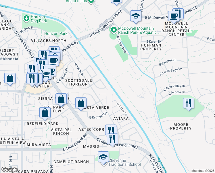 map of restaurants, bars, coffee shops, grocery stores, and more near 14639 North 100th Way in Scottsdale
