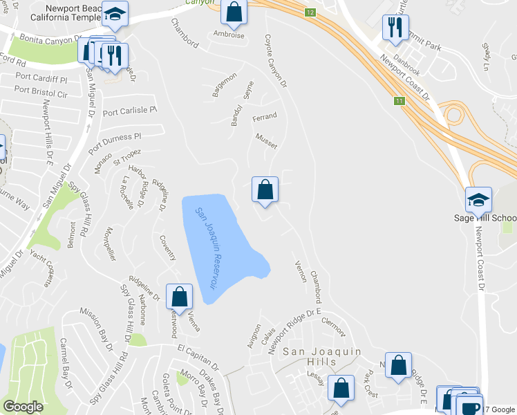 map of restaurants, bars, coffee shops, grocery stores, and more near 10 Harcourt in Newport Beach