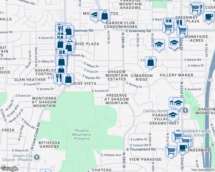 map of restaurants, bars, coffee shops, grocery stores, and more near 2645 East Claire Drive in Phoenix