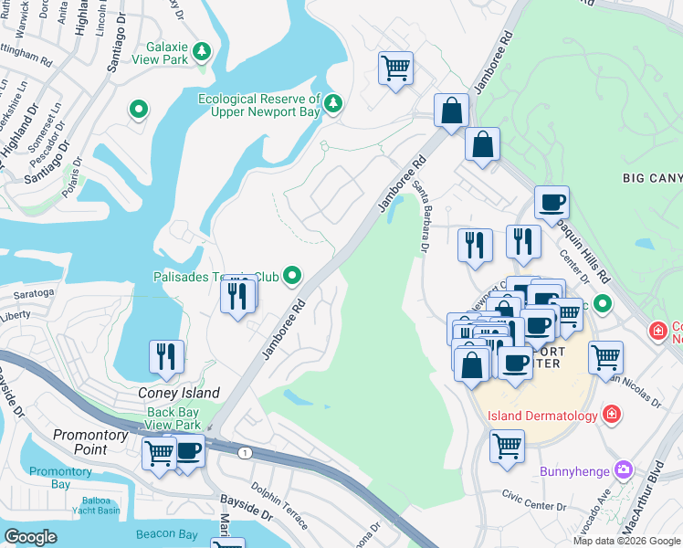 map of restaurants, bars, coffee shops, grocery stores, and more near 23 Bay Cove Lane in Newport Beach