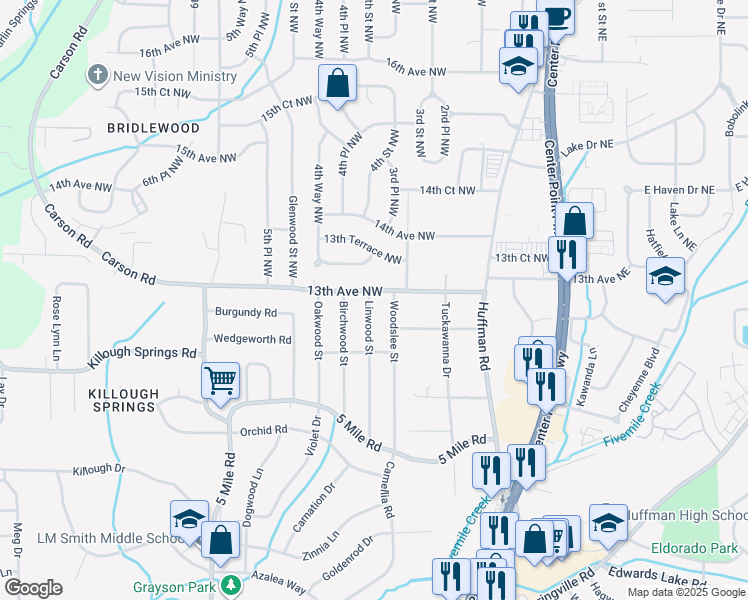 map of restaurants, bars, coffee shops, grocery stores, and more near 1240 Woodslee Street in Birmingham