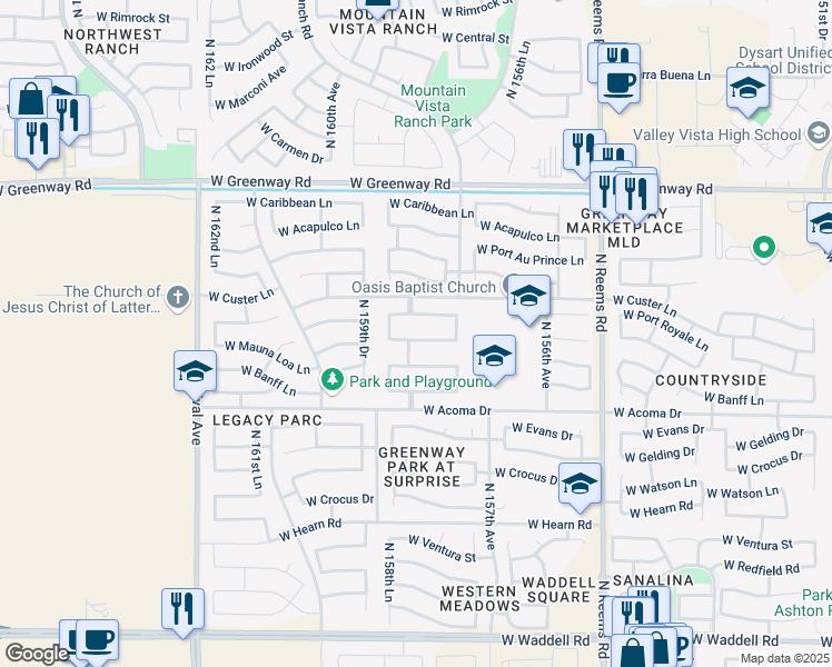 map of restaurants, bars, coffee shops, grocery stores, and more near 15854 West Mauna Loa Lane in Surprise