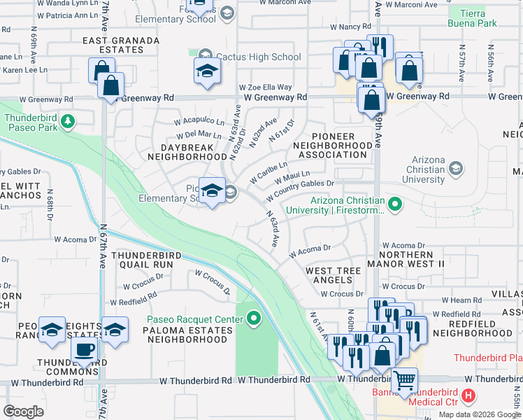 map of restaurants, bars, coffee shops, grocery stores, and more near 14849 North 63rd Avenue in Glendale