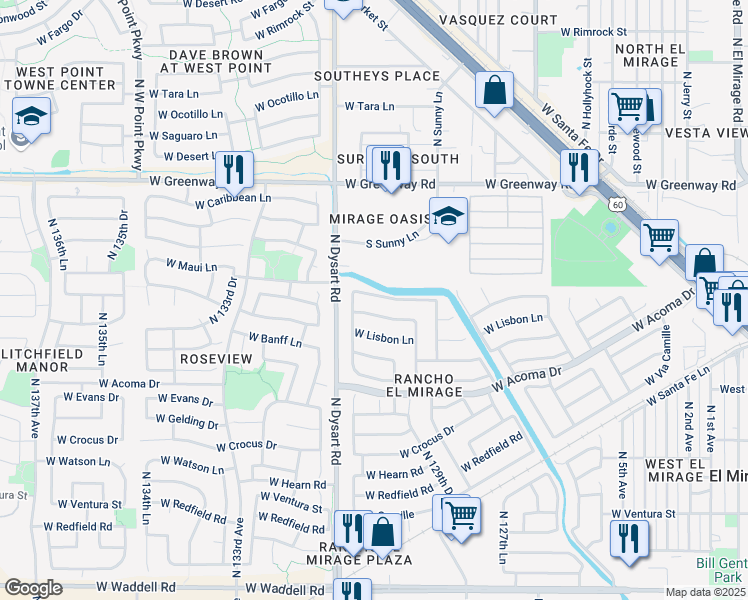 map of restaurants, bars, coffee shops, grocery stores, and more near 13041 West Port Royale Lane in El Mirage