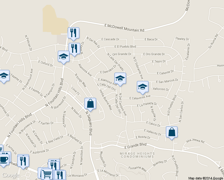 map of restaurants, bars, coffee shops, grocery stores, and more near 17053 East Calle Del Oro in Fountain Hills