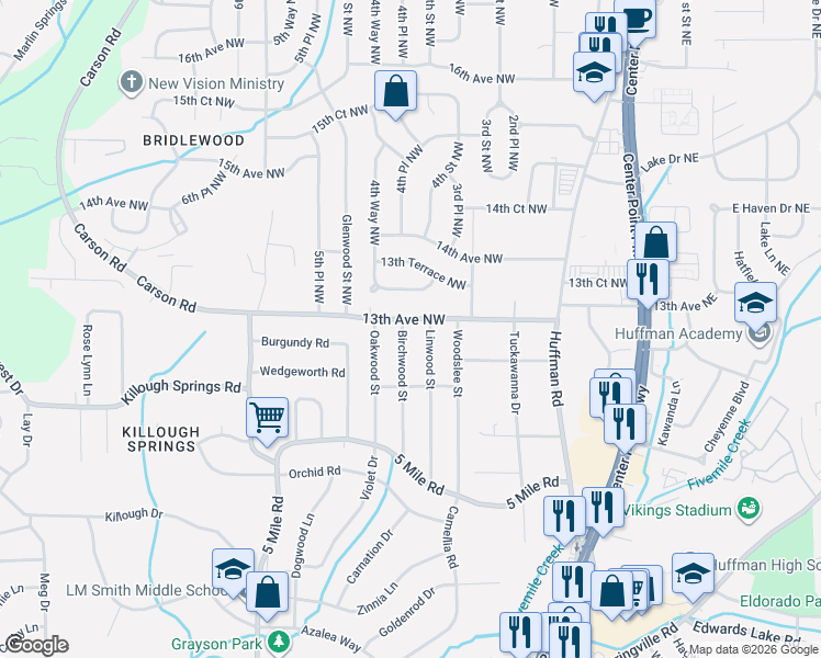 map of restaurants, bars, coffee shops, grocery stores, and more near 1237 Birchwood Street in Birmingham
