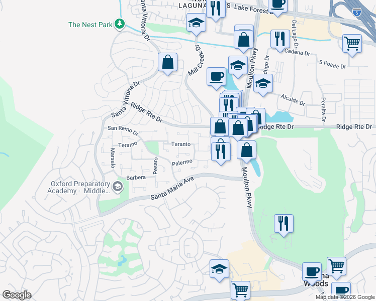 map of restaurants, bars, coffee shops, grocery stores, and more near 22561 Catania in Laguna Hills