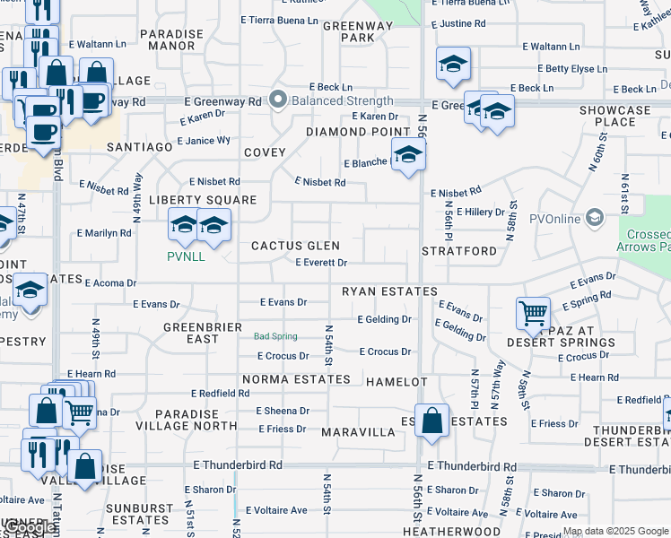 map of restaurants, bars, coffee shops, grocery stores, and more near 5401 East Everett Drive in Scottsdale