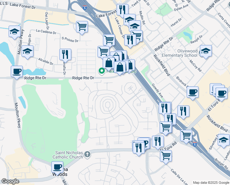 map of restaurants, bars, coffee shops, grocery stores, and more near 2247 Via Mariposa East in Laguna Woods