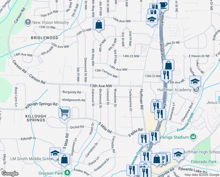 map of restaurants, bars, coffee shops, grocery stores, and more near 1240 Woodslee Street in Birmingham