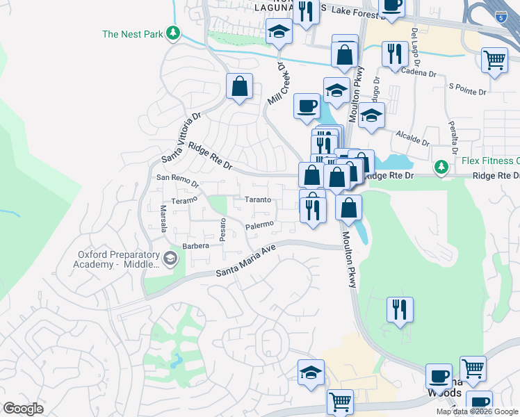 map of restaurants, bars, coffee shops, grocery stores, and more near 22531 Catania in Laguna Hills