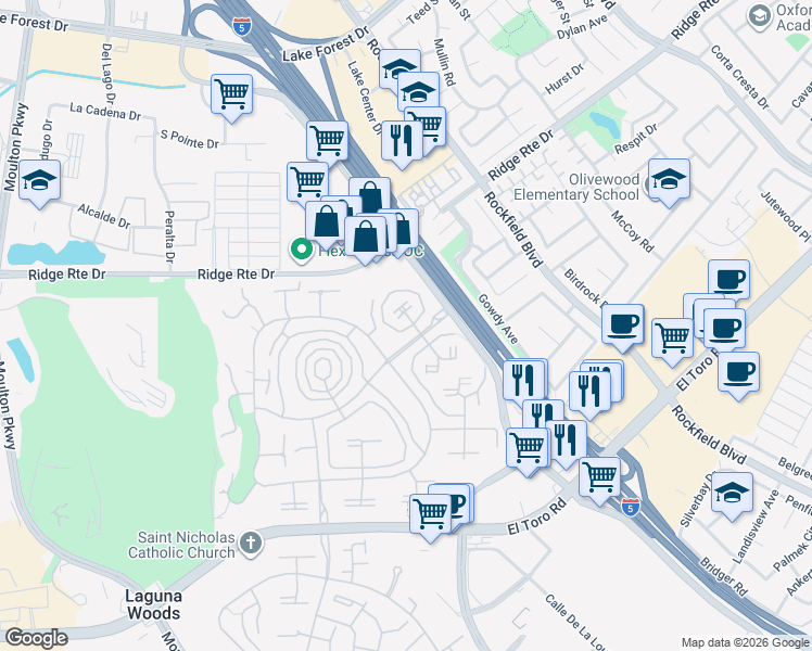 map of restaurants, bars, coffee shops, grocery stores, and more near 2237 Via Puerta in Laguna Woods