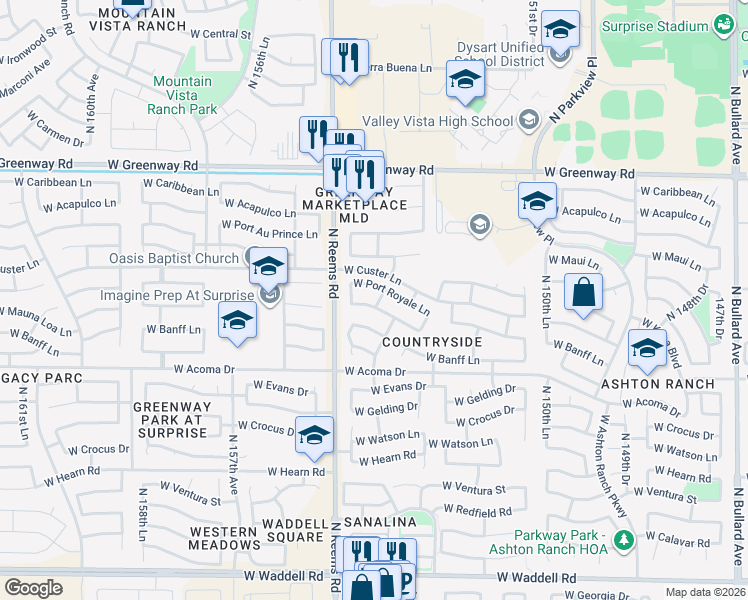 map of restaurants, bars, coffee shops, grocery stores, and more near 15435 West Port Royale Lane in Surprise