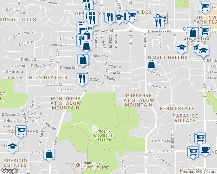 map of restaurants, bars, coffee shops, grocery stores, and more near 2501 East Claire Drive in Phoenix