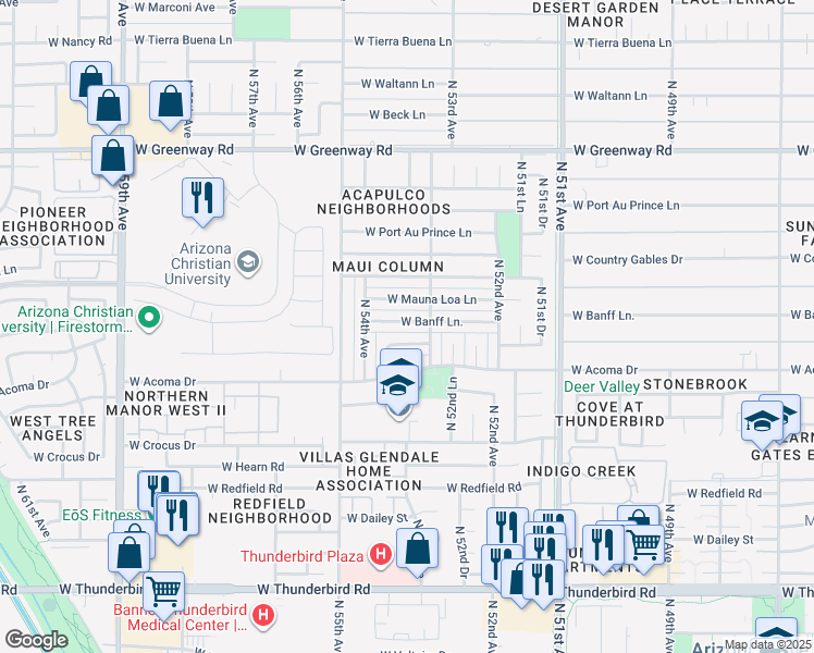 map of restaurants, bars, coffee shops, grocery stores, and more near 5321 West Banff Lane in Glendale