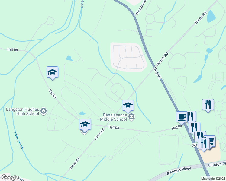 map of restaurants, bars, coffee shops, grocery stores, and more near 5148 Estonian Drive in Fairburn