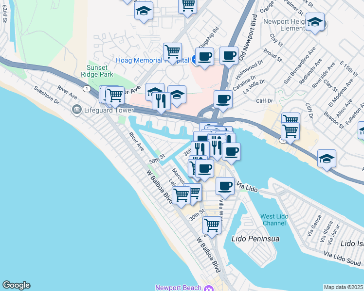 map of restaurants, bars, coffee shops, grocery stores, and more near 3717 Channel Place in Newport Beach