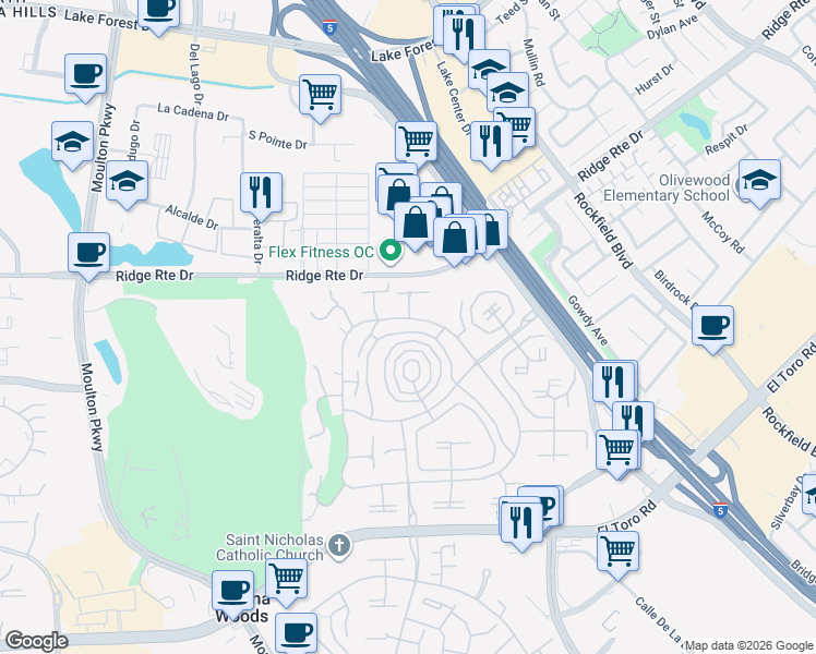 map of restaurants, bars, coffee shops, grocery stores, and more near 2276 Via Mariposa East in Laguna Woods