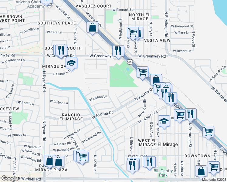 map of restaurants, bars, coffee shops, grocery stores, and more near 14832 North 124th Lane in El Mirage
