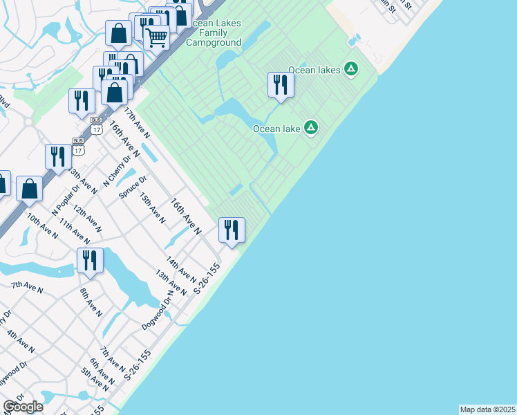 map of restaurants, bars, coffee shops, grocery stores, and more near 1021-E East Sand Dollar Drive in Myrtle Beach