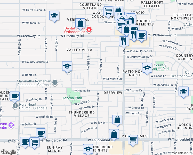 map of restaurants, bars, coffee shops, grocery stores, and more near 3721 West Banff Lane in Phoenix