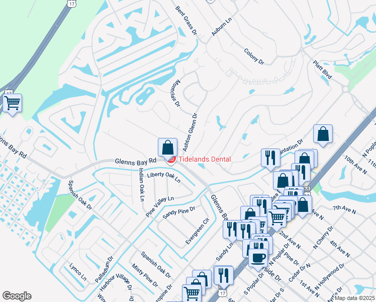 map of restaurants, bars, coffee shops, grocery stores, and more near 222A Garden Drive in Surfside Beach