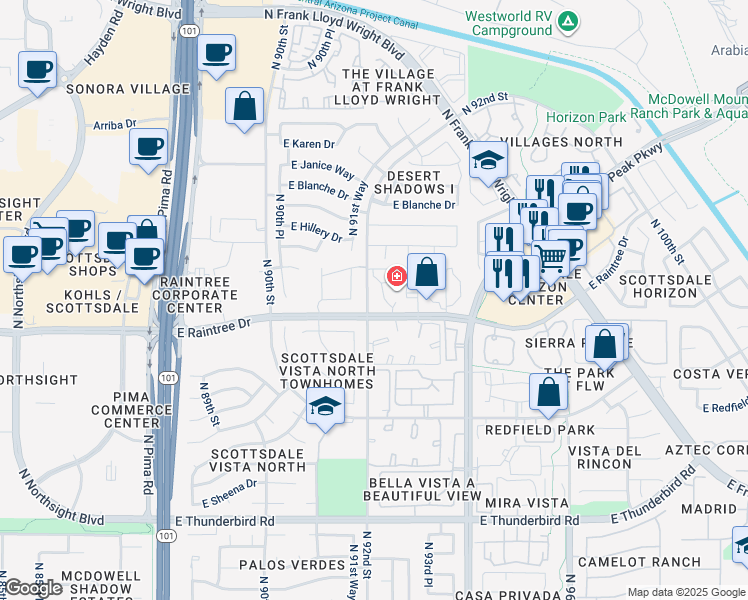 map of restaurants, bars, coffee shops, grocery stores, and more near 9280 East Raintree Drive in Scottsdale