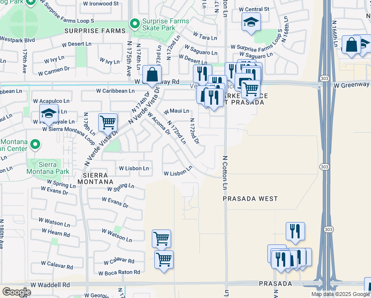 map of restaurants, bars, coffee shops, grocery stores, and more near 14837 North 173rd Drive in Surprise