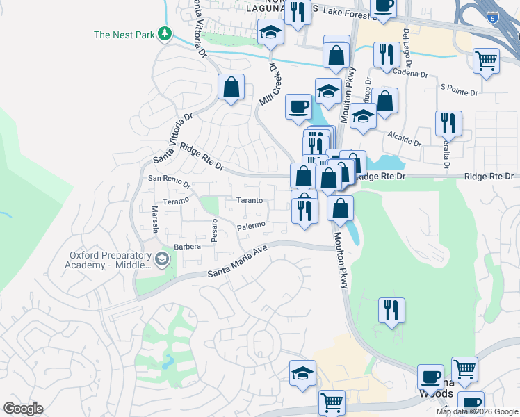 map of restaurants, bars, coffee shops, grocery stores, and more near 22531 Catania in Laguna Hills
