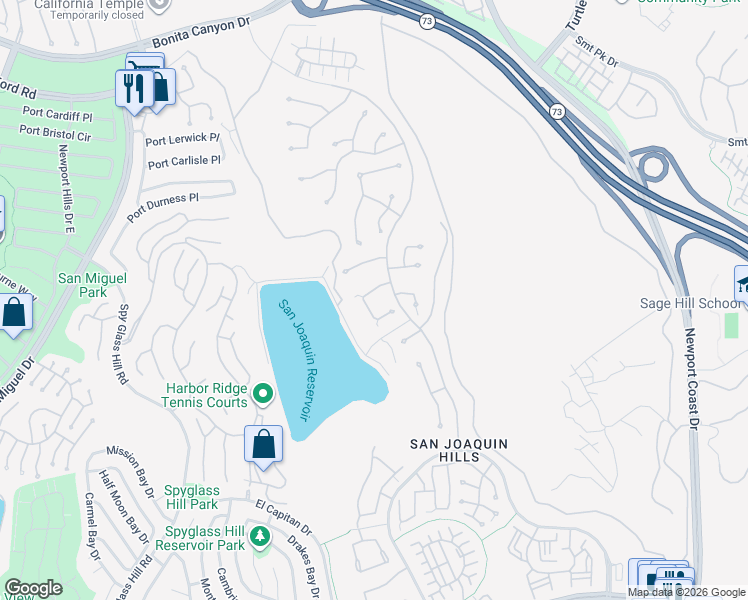 map of restaurants, bars, coffee shops, grocery stores, and more near 10 Harcourt in Newport Beach