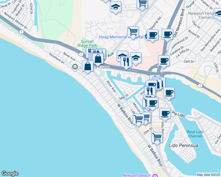 map of restaurants, bars, coffee shops, grocery stores, and more near 212 41st Street in Newport Beach