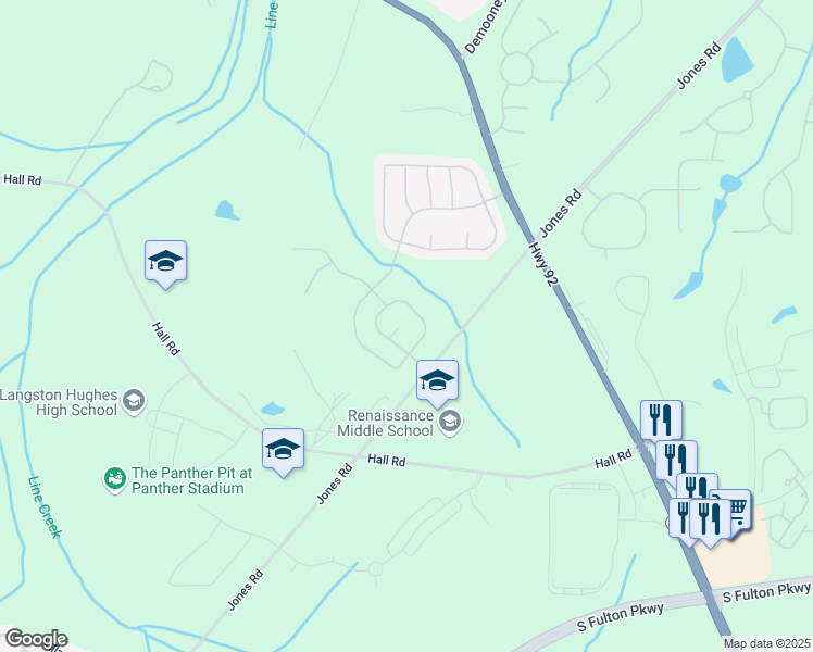map of restaurants, bars, coffee shops, grocery stores, and more near 510 Shire Lane in Fairburn