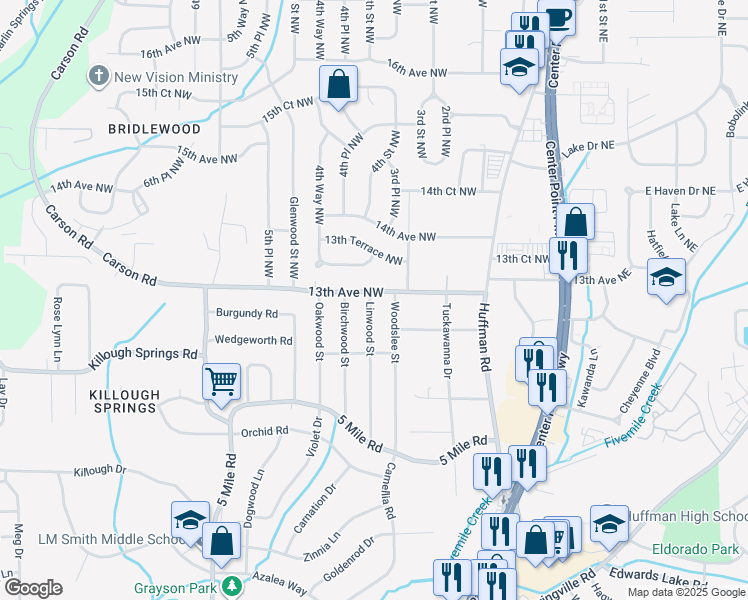 map of restaurants, bars, coffee shops, grocery stores, and more near 1240 Woodslee Street in Birmingham